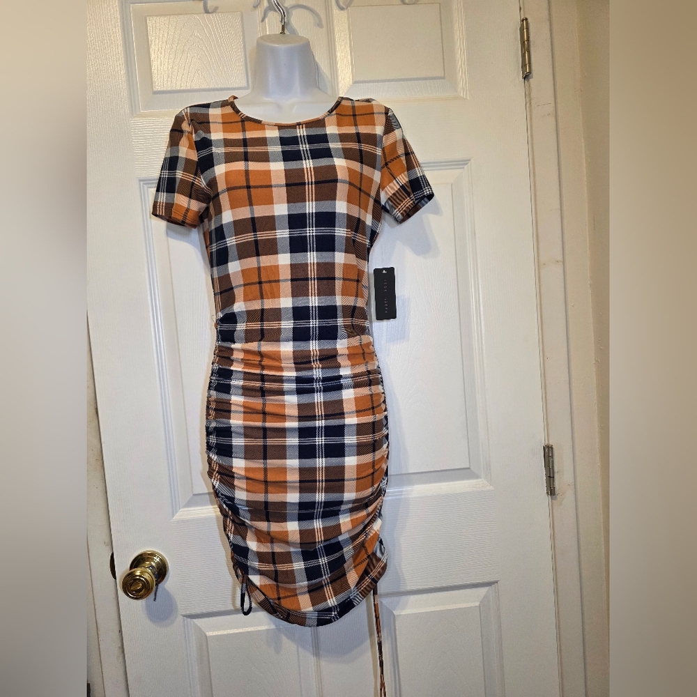 Plaid Ruched Dress in Orange and Navy